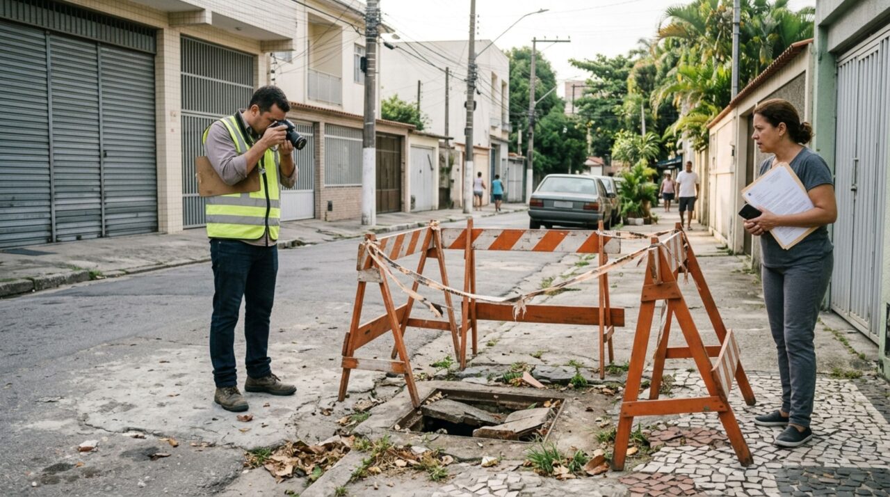Moradora caminha pela calçada para buscar o neto na escola, cai em uma tampa de bueiro quebrada e precisa de atendimento médico, passando a questionar se a prefeitura deve indenizá-la pelas lesões