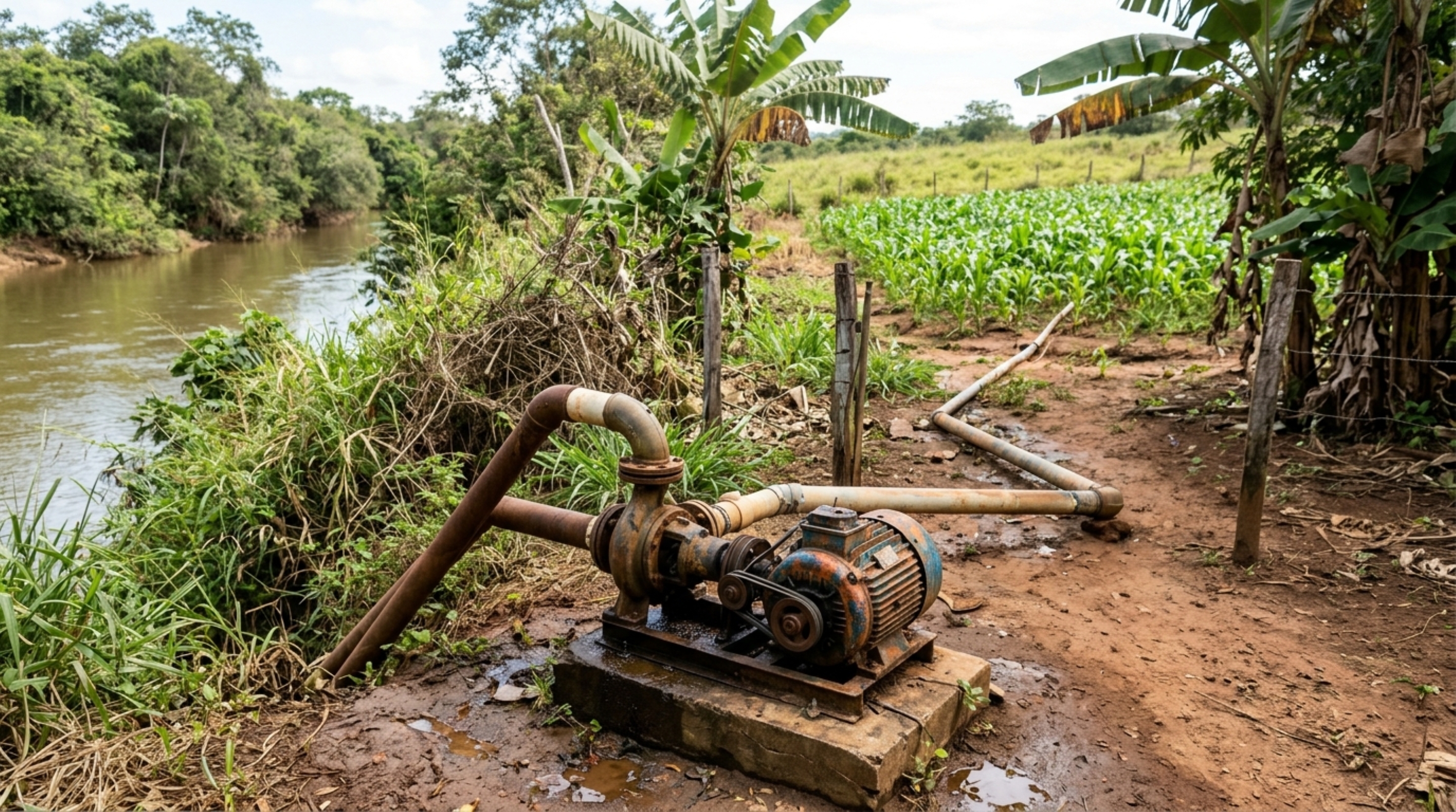 Agricultor herda 4 hectares com uma bomba instalada à beira do rio, começa a irrigar uma plantação de milho e descobre que o equipamento antigo não garante autorização para retirar água durante a safra
