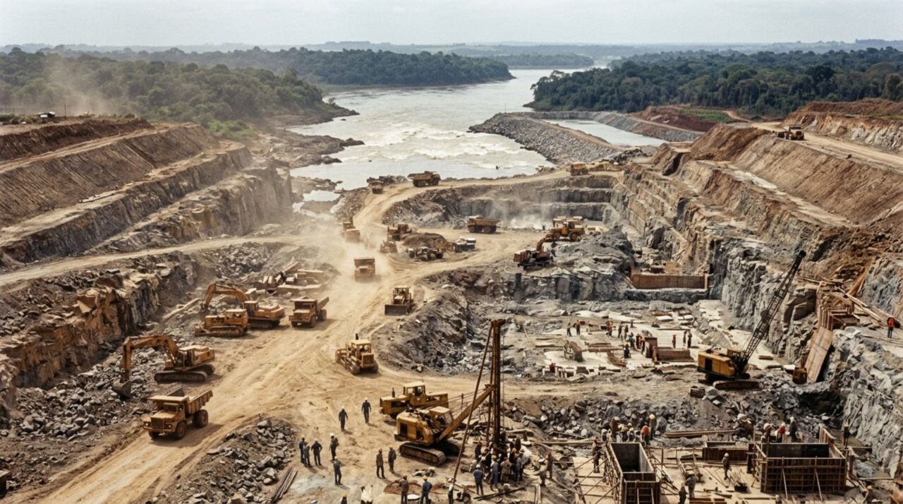 Ensecadeiras isolaram o antigo leito do Paraná para construir as fundações de Itaipu