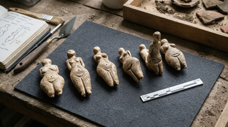 As estatuetas de Mizyn combinam formas humanas estilizadas com padrões gravados no marfim de mamute