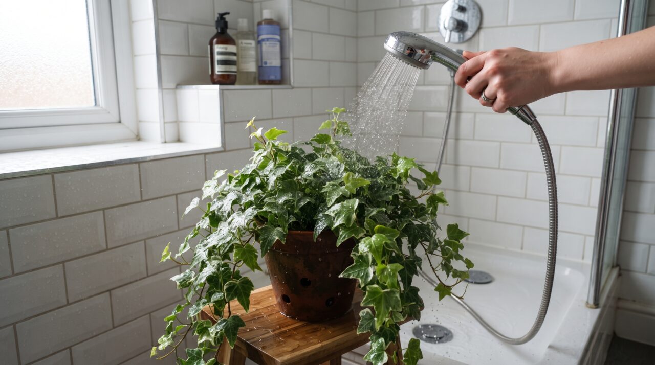 A tática do banho de chuveiro frio na planta Hera contra ácaros e sujeira.