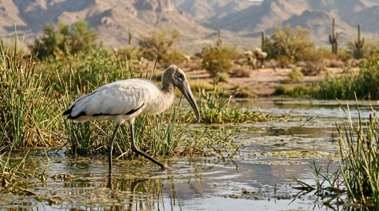 Uma jovem cegonha-americana foi observada no Tres Rios Wetlands, em Phoenix, surpreendendo especialistas pela raridade da espécie no Arizona