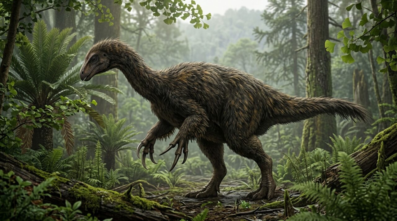 Um dinossauro com garras gigantes apareceu quase inteiro na China e lembra um urso emplumado que andava sobre duas pernas