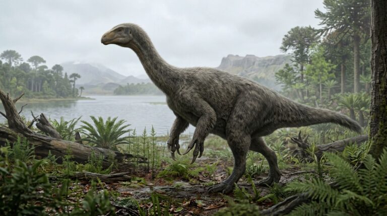 Reconstrução hipotética de Kayrasaurus changliensis, terizinossauro juvenil de mais de 3,6 metros que viveu na China durante o Cretáceo Inferior