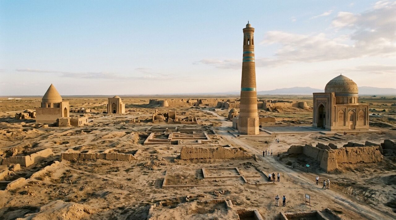 Um minarete de 60 metros ainda marca uma capital desaparecida e Kunya-Urgench preserva séculos de arquitetura na antiga rota do Amu Daria