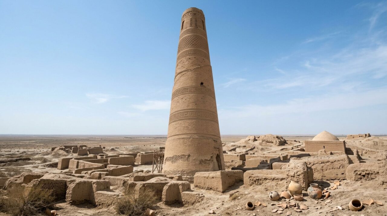 O minarete Kutlug-Timur destaca a tradição arquitetônica de Kunya-Urgench