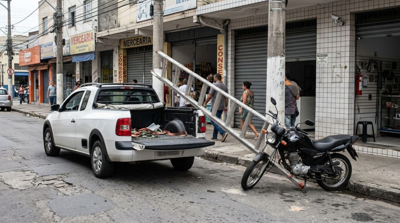 Motorista transporta uma escada presa na caçamba de uma caminhonete, perde o objeto em uma curva e danifica uma moto estacionada, mas segue viagem sem perceber, enquanto a câmera de uma loja registra a queda e a identificação do veículo