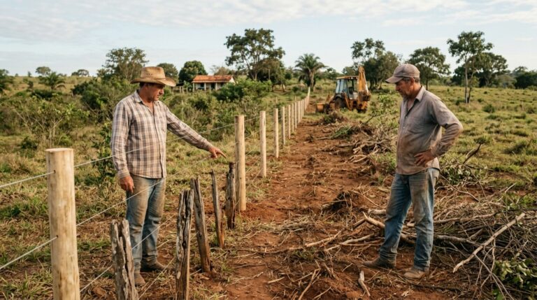 Proprietário contrata uma máquina para limpar um terreno rural, descobre que parte da cerca foi reconstruída dentro da área vizinha e enfrenta uma disputa pela divisa, mas um levantamento topográfico aponta onde estavam os limites antes do serviço