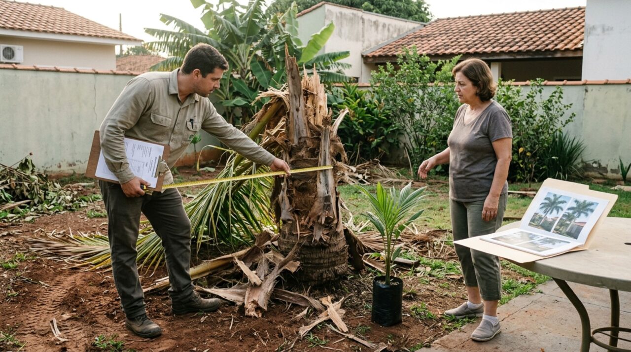Família encontra as palmeiras do jardim quebradas após a máquina da obra vizinha entrar no terreno, pede reposição por exemplares equivalentes e rejeita a oferta de mudas pequenas