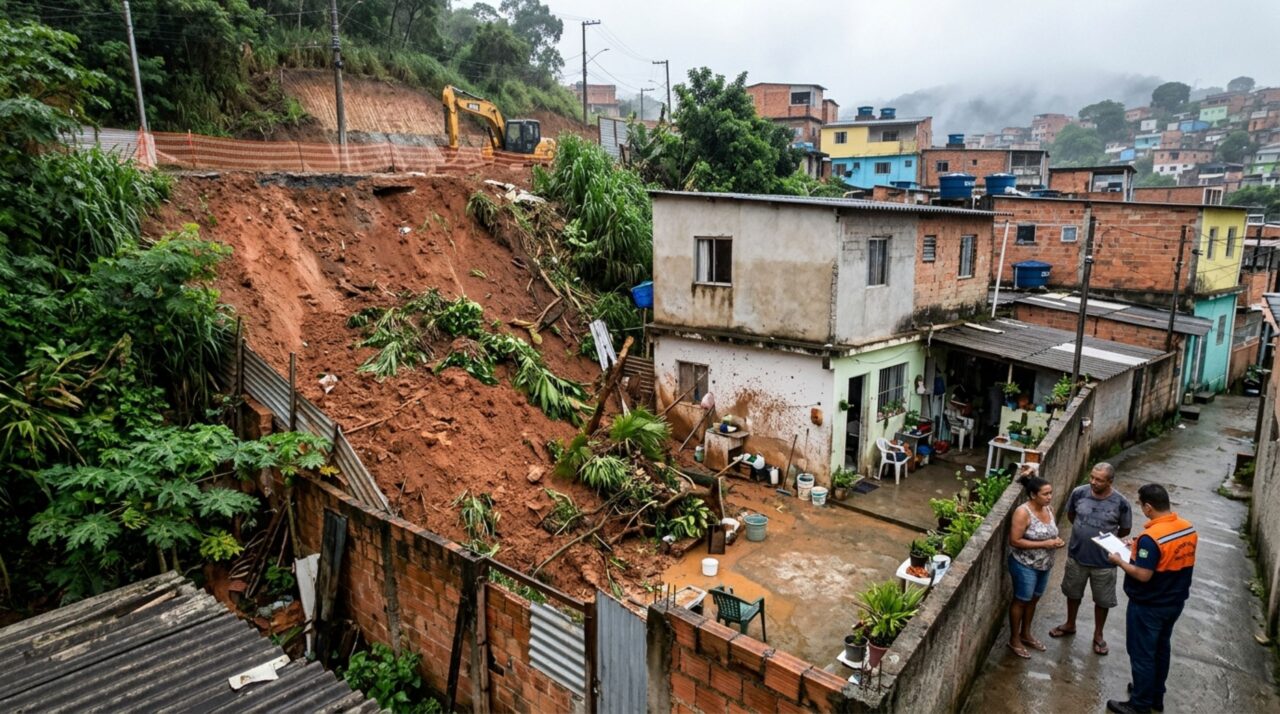 Família tem parte do quintal tomada pela lama depois que uma encosta próxima a uma obra pública desmorona durante a chuva e procura a prefeitura para cobrar os danos causados à residência