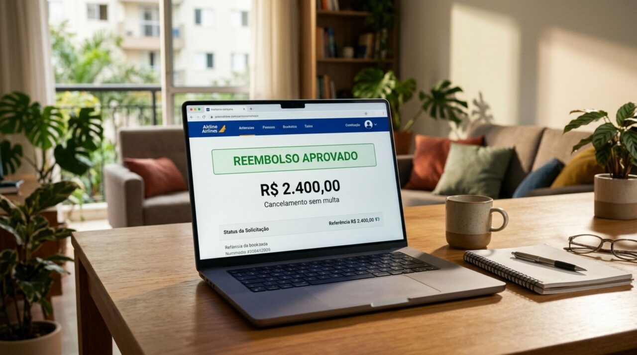 Notebook exibe confirmação de reembolso integral de passagem aérea após cancelamento sem multa, conforme regras da Anac