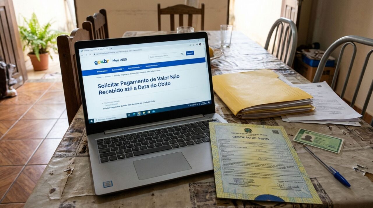 Notebook com página do Meu INSS para solicitar valores não recebidos até o falecimento do aposentado, acompanhado de documentos