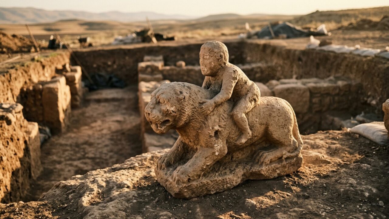 Uma figura humana aparece montada sobre um leopardo em uma escultura de 11 mil anos que arqueólogos dizem nunca ter visto igual