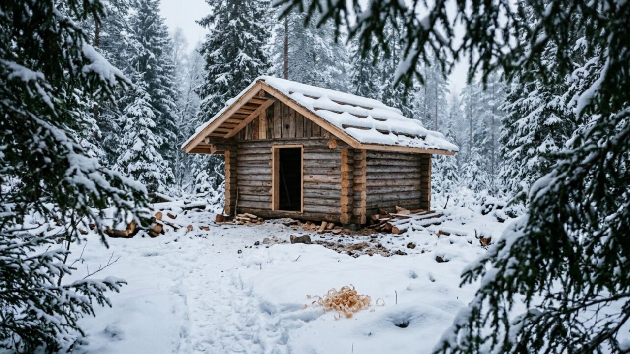 Na Finlândia, um homem ergueu uma cabana de troncos no meio da neve e prepara abrigo e aquecimento para enfrentar o inverno