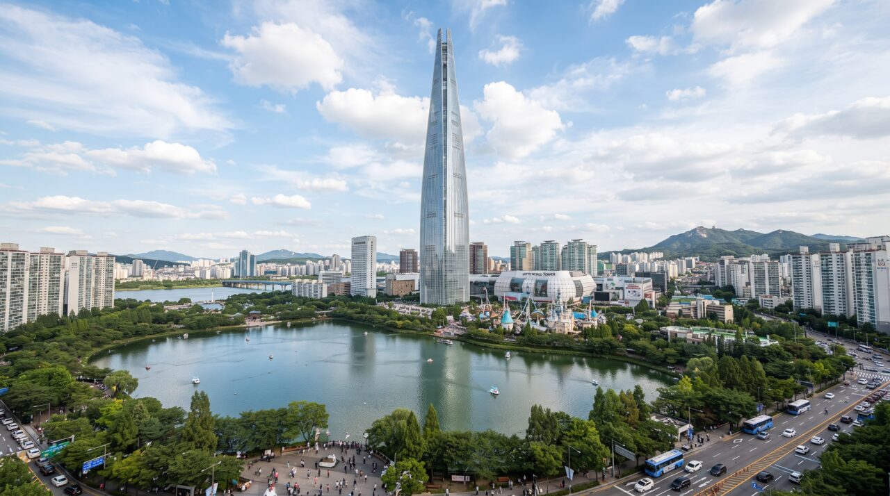 A estrutura e os recordes de engenharia da Lotte World Tower na Coreia do Sul.