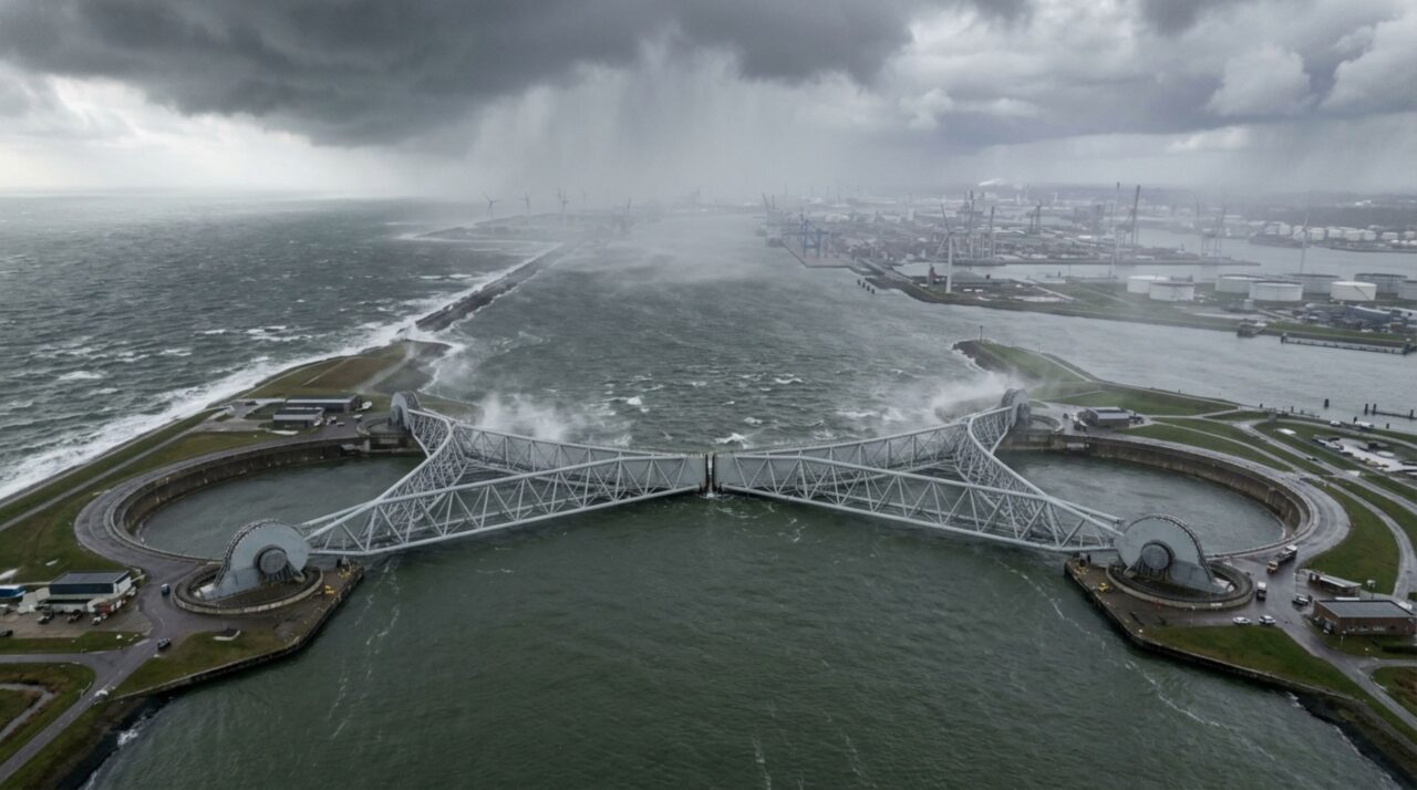 As comportas gigantes que ficam abertas no litoral holandês, mas fecham sozinhas quando uma maré de tempestade ameaça Rotterdam