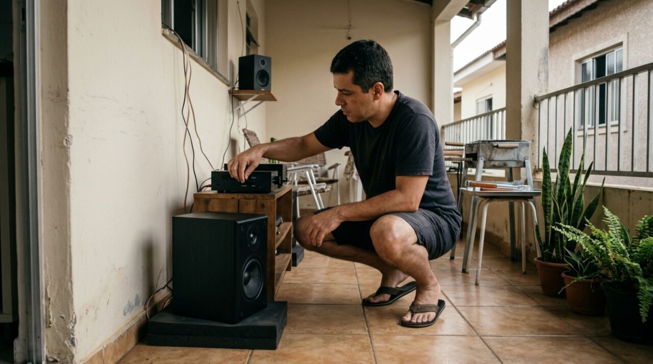 Casal instala caixas de som na varanda para ouvir música durante os churrascos, e vizinho percebe que os graves fazem os vidros da cozinha vibrarem