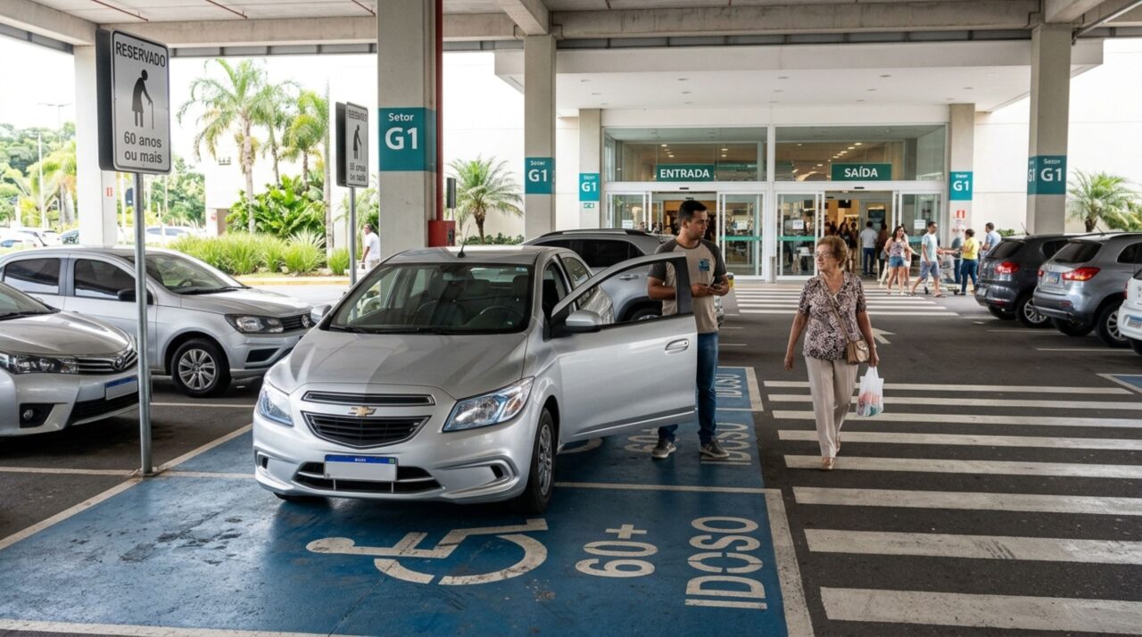 Motorista de aplicativo busca uma passageira idosa em um shopping, utiliza uma vaga reservada e descobre que trabalhar transportando idosos não garante autorização permanente para estacionar ali