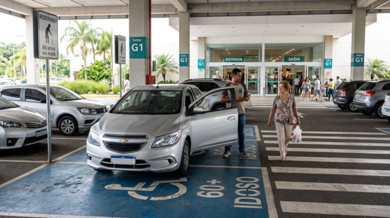 Motorista de aplicativo busca uma passageira idosa em um shopping, utiliza uma vaga reservada e descobre que trabalhar transportando idosos não garante autorização permanente para estacionar ali
