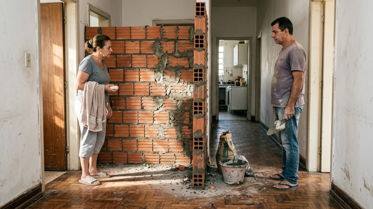 Irmãos dividem uma casa herdada, mas uma parede nova deixa o banheiro de um lado e a única cozinha do outro