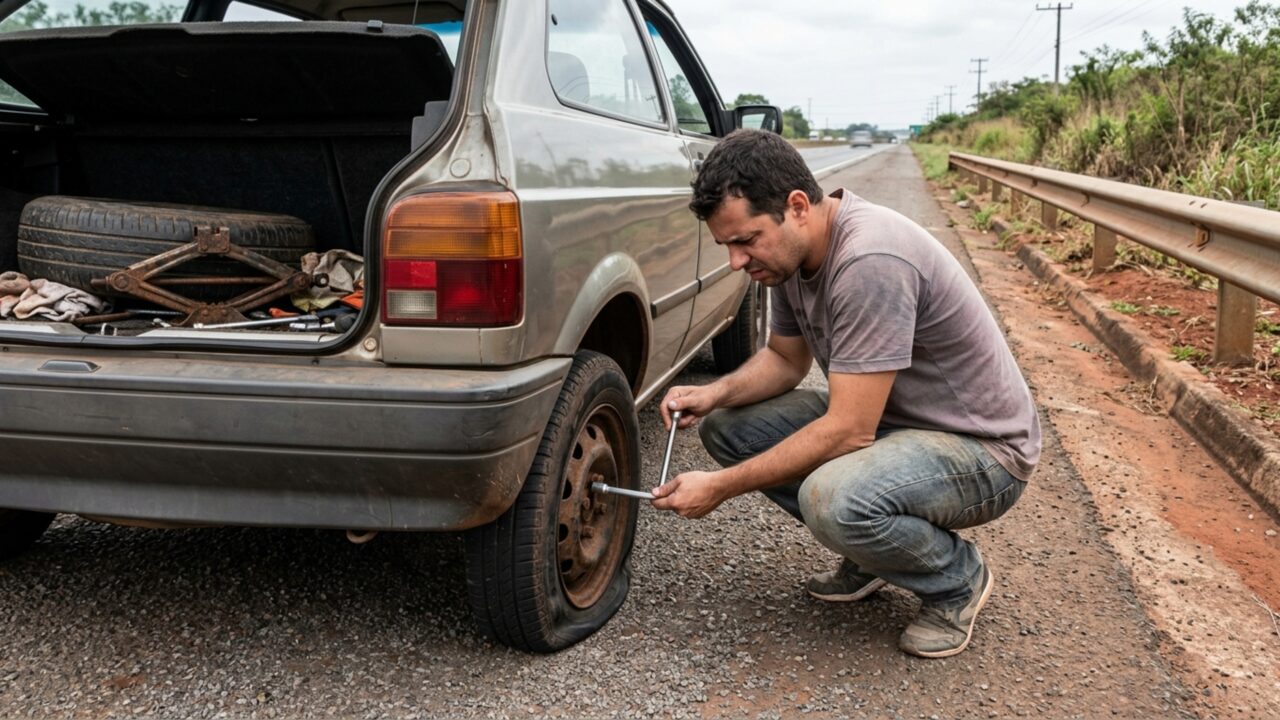 Motorista compra carro usado com rodas diferentes das originais e só ao furar um pneu percebe que a chave do porta-malas não encaixa nos parafusos