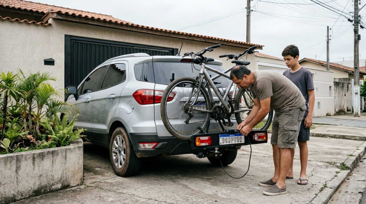 Família transporta bicicletas em um suporte instalado atrás do carro e descobre durante a viagem que a maneira como a placa e as lanternas ficam posicionadas pode trazer problemas na fiscalização