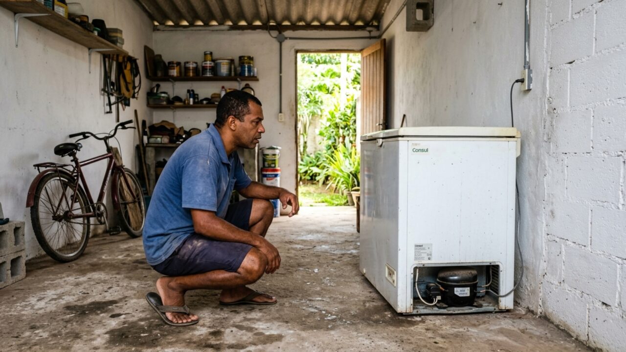 Um freezer colocado na garagem começa a vibrar sobre o piso durante a madrugada e o vizinho do outro lado da parede passa a ouvir o compressor como se estivesse dentro do quarto