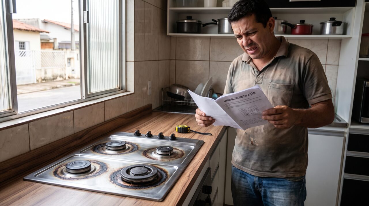 Família instala um cooktop em bancada de madeira e descobre por que o recorte precisa considerar o calor antes de usar o equipamento