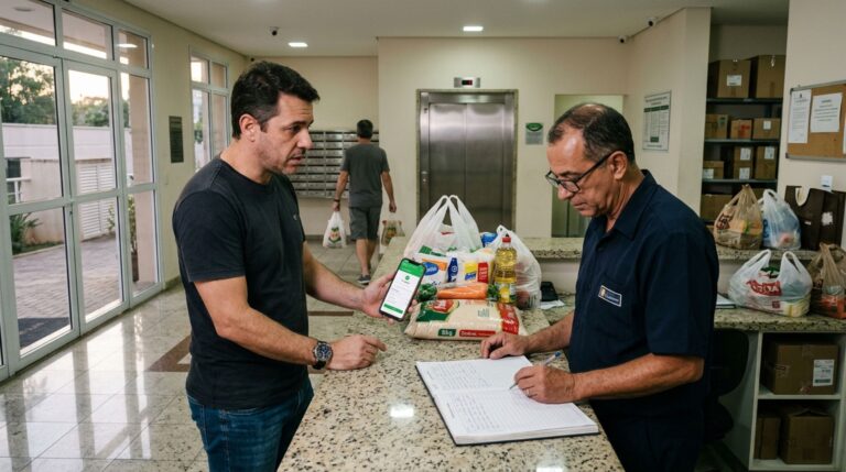 Cliente recebe compras de supermercado na portaria, percebe que faltam carnes e produtos de limpeza e reclama com a loja, mas a conferência dos comprovantes revela que um vizinho levou as sacolas destinadas ao seu apartamento