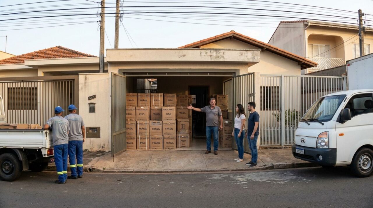 Casal compra pisos de porcelanato para reformar a cozinha, transportadora entrega todas as caixas na casa vizinha e proprietário exige pagamento pelo armazenamento, mas comprovante mostra quem assinou o recebimento