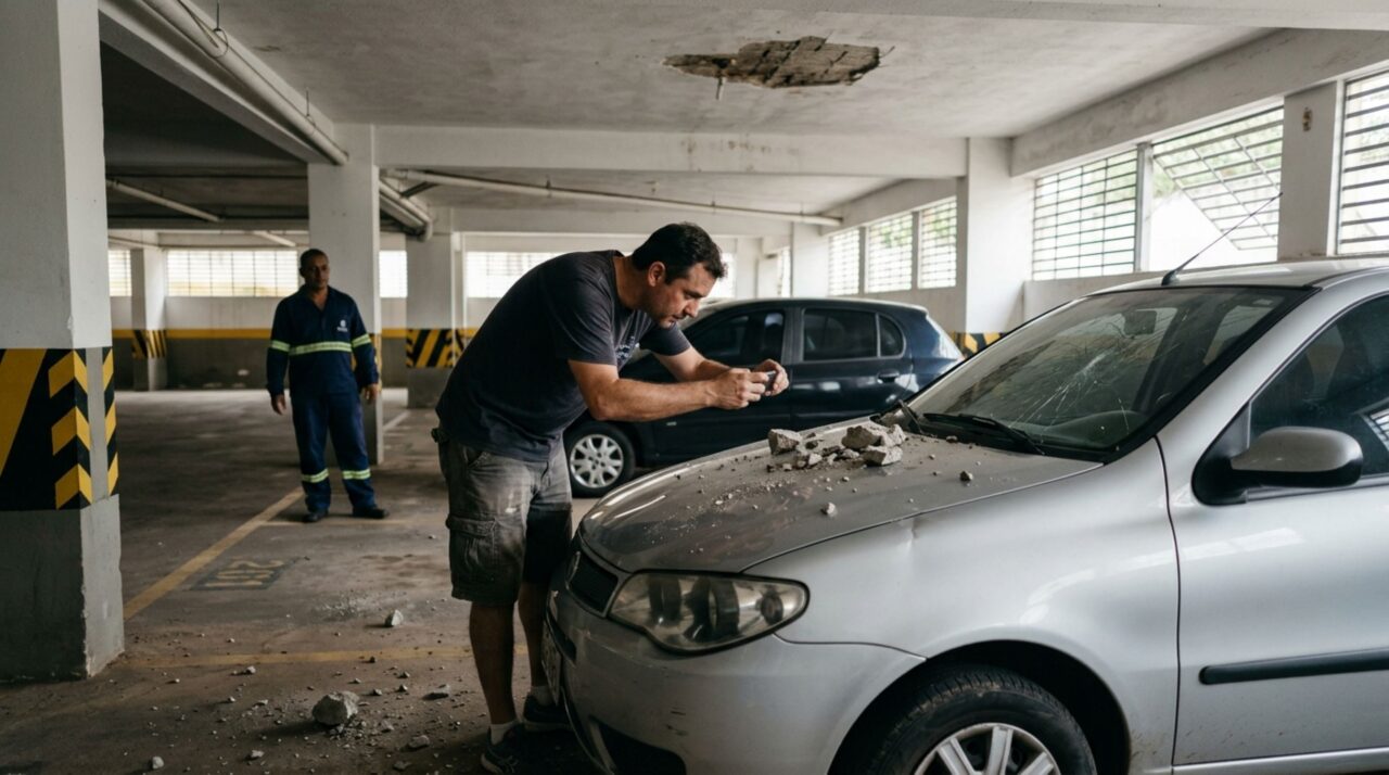 Morador reforma apartamento no oitavo andar, pedaços de concreto atingem um veículo na garagem e dono do carro descobre que os trabalhadores descartavam entulho pela janela