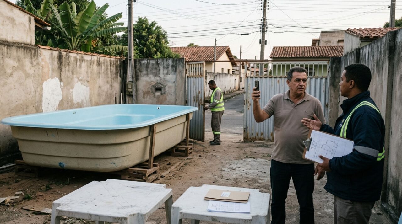 Família compra uma piscina de fibra para instalar no quintal e descobre que o caminhão não consegue entrar na rua estreita, deixando o equipamento em um terreno particular sem autorização