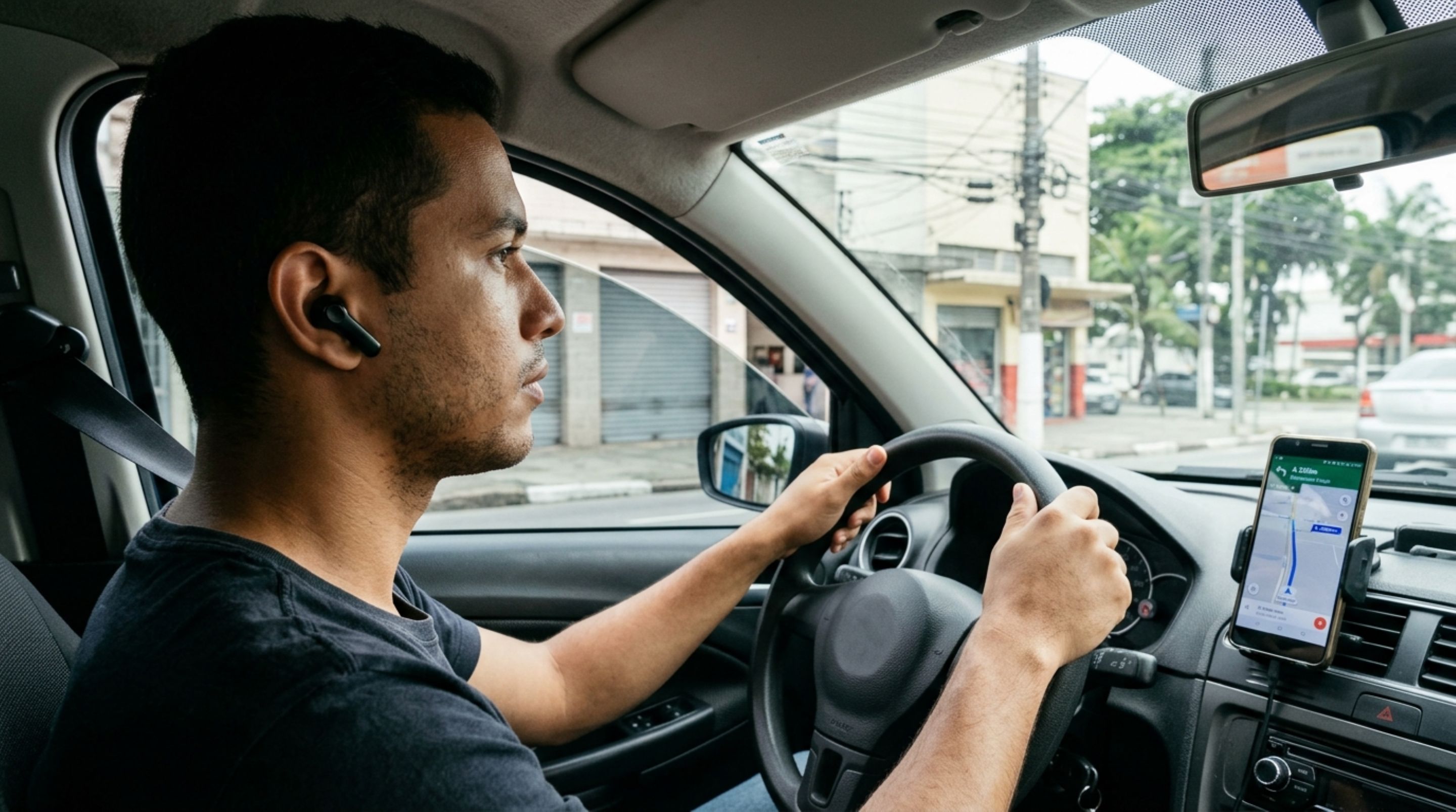 Jovem utiliza somente um fone Bluetooth para ouvir orientações do GPS enquanto dirige, acredita que deixar o outro ouvido livre evita a multa e descobre o que estabelece o manual de fiscalização