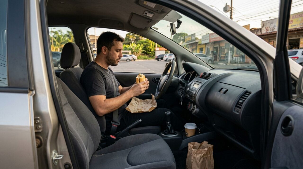 Motorista compra um sanduíche no drive-thru, começa a comer enquanto dirige com apenas uma das mãos e descobre por que a regra do volante admite exceções que não incluem qualquer atividade