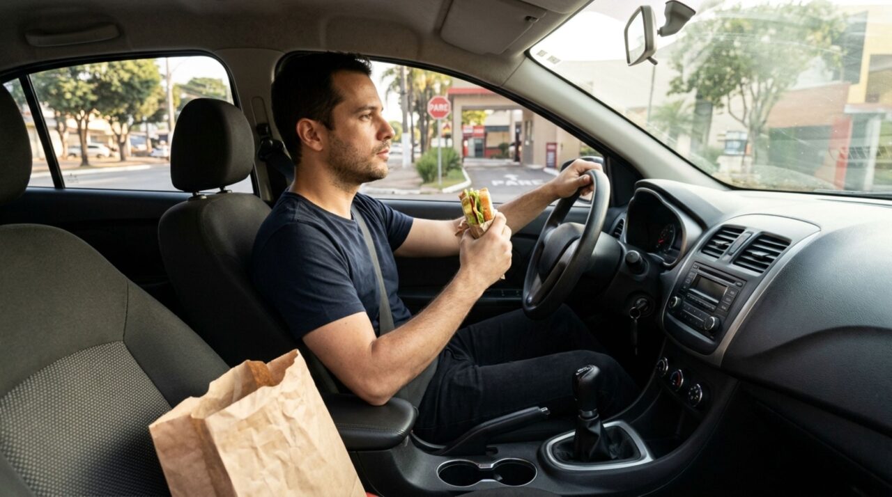 Motorista compra um sanduíche no drive-thru, começa a comer enquanto dirige com apenas uma das mãos e descobre por que a regra do volante admite exceções que não incluem qualquer atividade