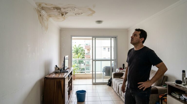 Moradora lava a varanda com mangueira todos os domingos, água começa a infiltrar no apartamento de baixo e vizinho descobre prejuízo de milhares de reais no teto e nos móveis