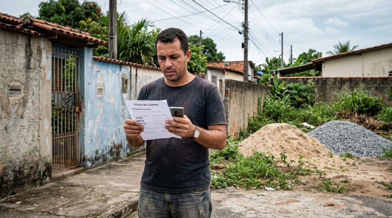 Família encomenda areia e brita para reformar a garagem, descobre que o caminhão descarregou tudo no terreno ao lado e recebe uma cobrança para retirar o material, mas o pedido de compra registra um endereço diferente daquele usado pelo motorista