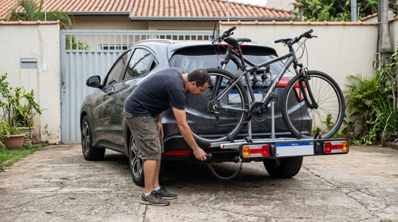 Homem instala um suporte para transportar bicicletas na traseira do carro, acredita que o CRLV atualizado evita problemas e descobre na fiscalização por que a identificação da placa também precisa permanecer visível