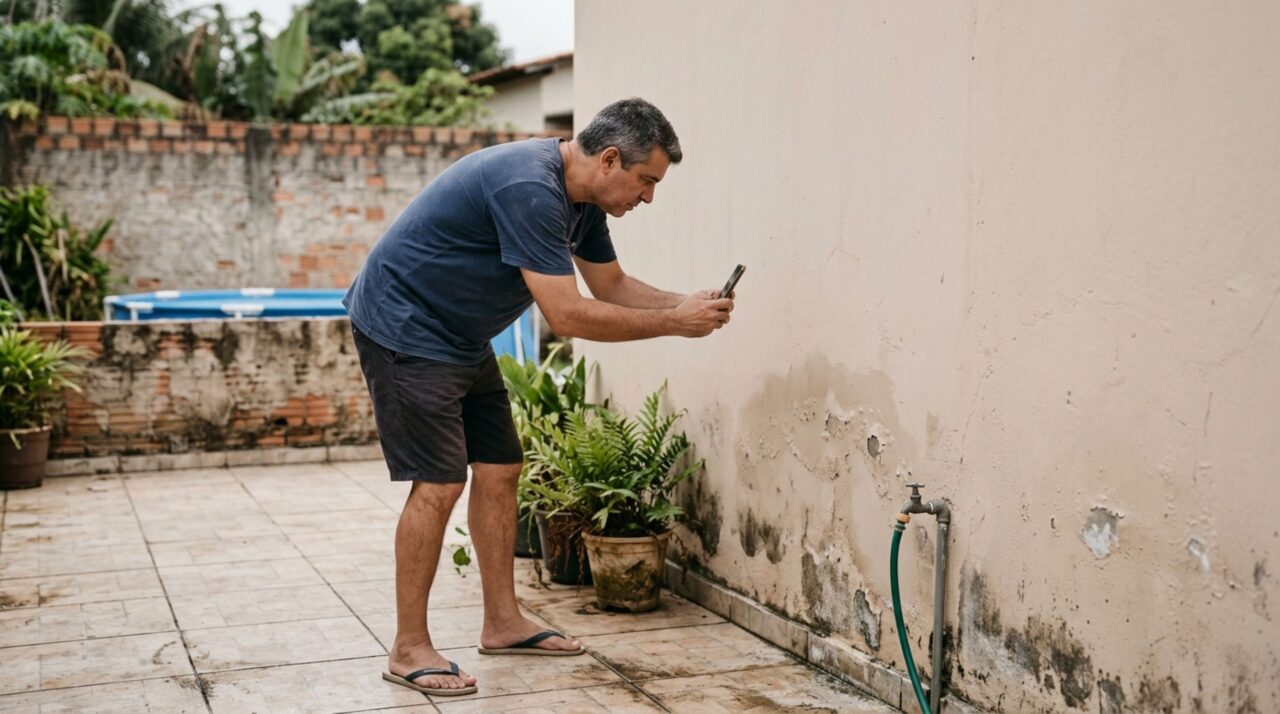 Casal instala uma piscina elevada no quintal para aproveitar os dias quentes e morador da casa ao lado percebe manchas de umidade surgindo na parede que divide os terrenos