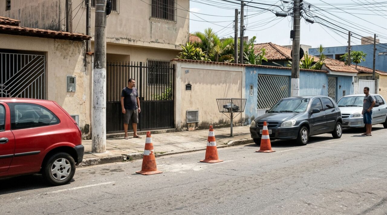 Vizinho coloca cones na rua para reservar uma vaga na frente de casa e descobre que não pode transformar espaço público em estacionamento particular