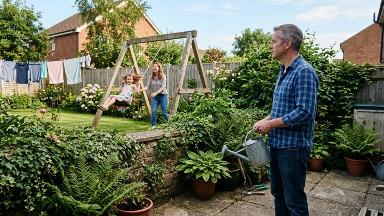 A família instala um balanço grande para as crianças e só depois percebe que, no ponto mais alto do movimento, o assento chega muito perto do muro e das plantas do vizinho