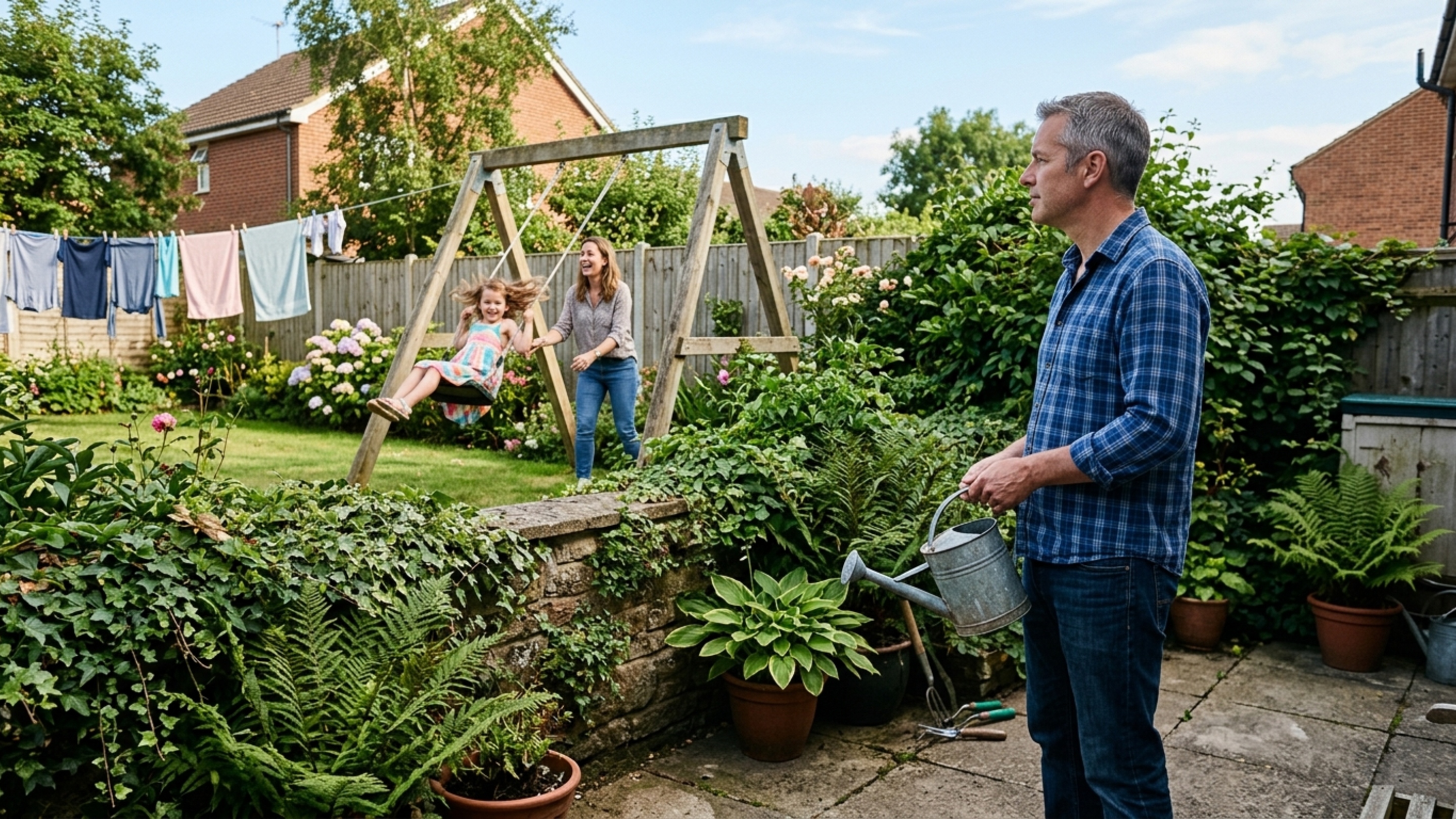 Família instala balanço grande para as crianças e só depois percebe que o assento passa muito perto do muro e das plantas do vizinho