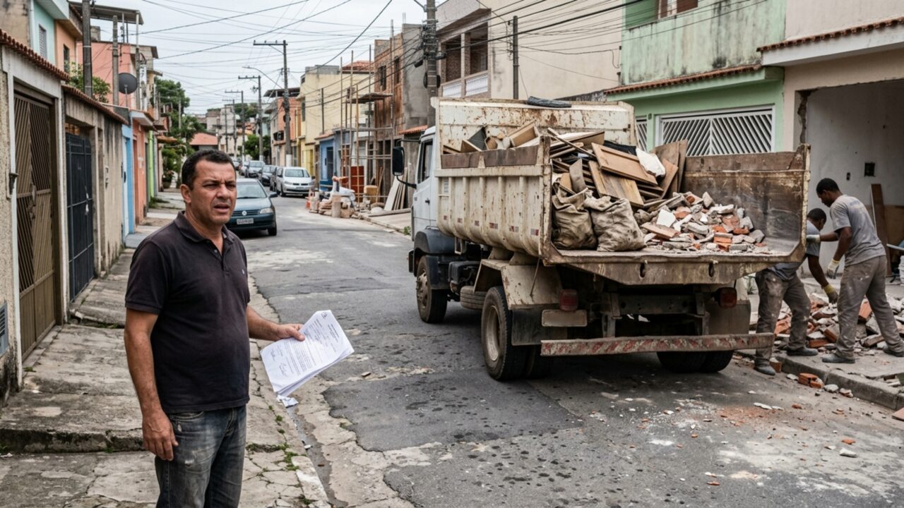Família contrata a retirada de entulho por viagem e recebe uma cobrança maior depois que o caminhão também recolhe materiais de outra reforma antes de seguir para o descarte