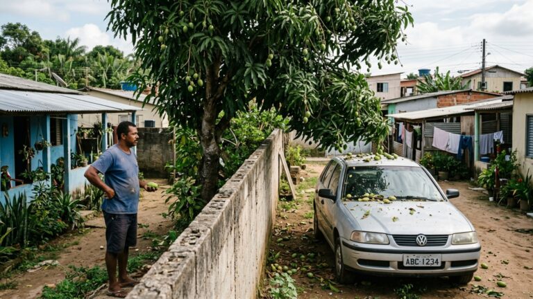 Uma árvore começa a soltar frutos sobre o carro estacionado ao lado e vizinhos passam a discutir se poda, remoção ou mudança da vaga seria a solução