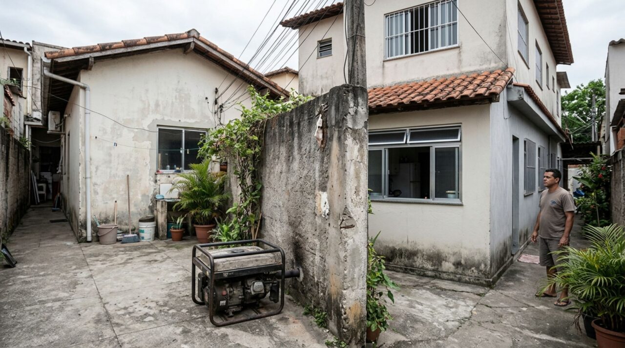 Família instala um gerador de energia no quintal para enfrentar apagões e morador ao lado percebe cheiro de escapamento entrando pela janela durante os testes