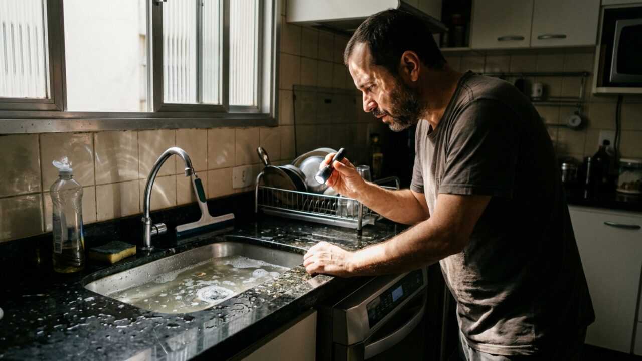 Casal troca a pia da cozinha e tudo funciona normalmente até a máquina de lavar louça ser ligada pela primeira vez e o ralo começar a borbulhar