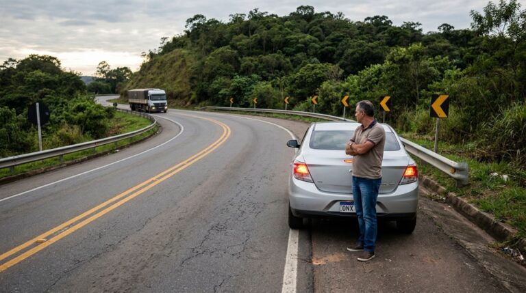 Motorista para em uma curva de rodovia para verificar um barulho no carro e descobre que a escolha do local pode aumentar o risco de acidente