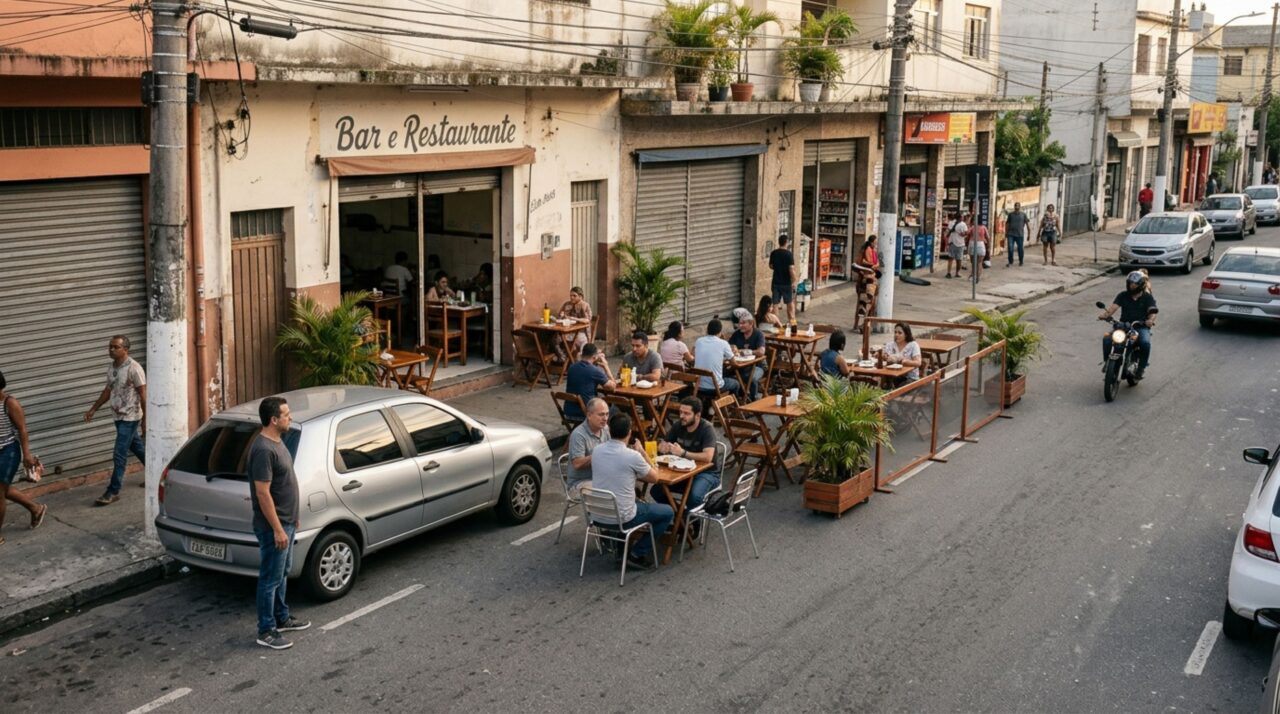 Restaurante ocupa vagas na rua para colocar cadeiras e mesas do estabelecimento, motorista, não encontrando onde estacionar, questiona o proprietário se está correto e resolve chamar agentes para verificar a situação no local