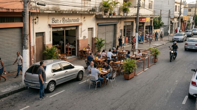 Restaurante ocupa vagas na rua para colocar cadeiras e mesas do estabelecimento, motorista, não encontrando onde estacionar, questiona o proprietário se está correto e resolve chamar agentes para verificar a situação no local