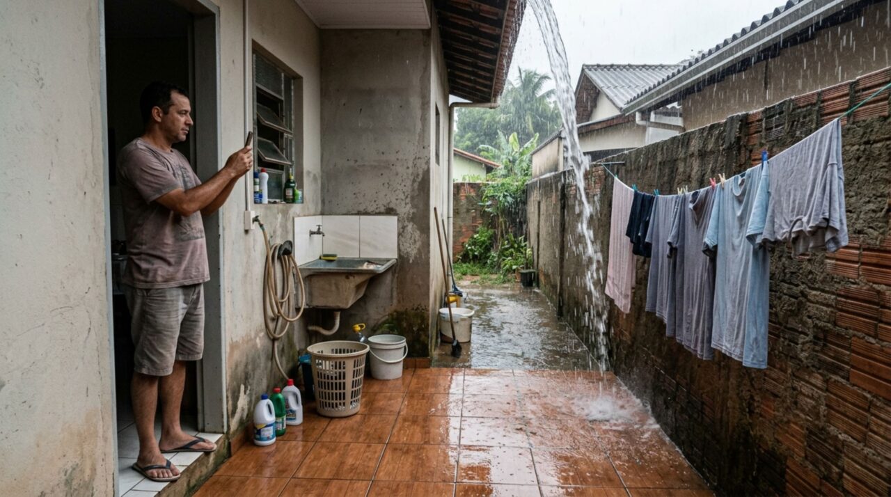 Morador instala um telhado maior para proteger a área de serviço e casal vizinho percebe que a água da chuva começa a cair diretamente sobre o corredor onde seca suas roupas